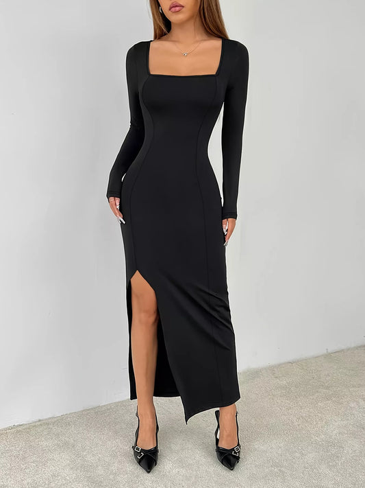 Square Neck Long Sleeve Slit Bodycon Maxi Dress — women's maxi dress Australia