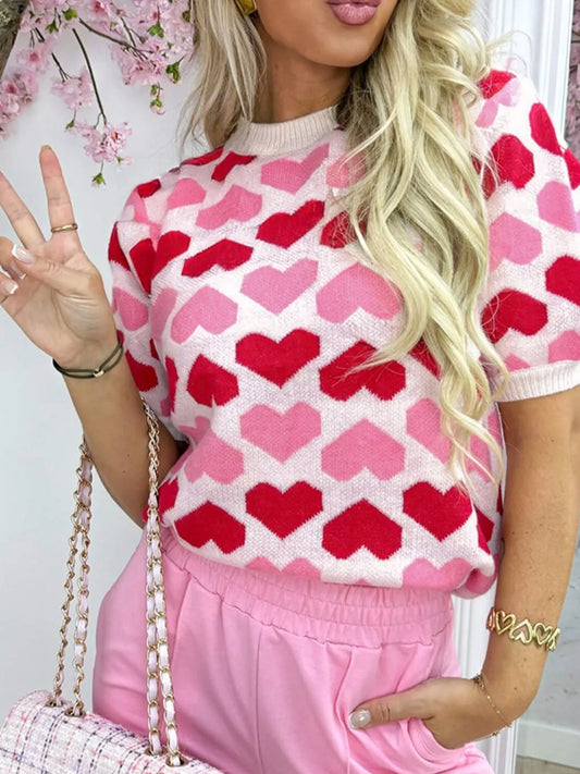 Women's Heart Print Short Sleeve Sweater — women's knit sweater Australia