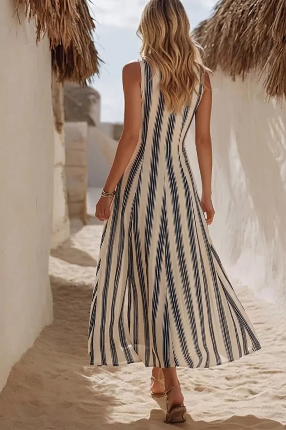 Women's Striped V-Neck Sleeveless Midi Dress — Chic and Unique AU