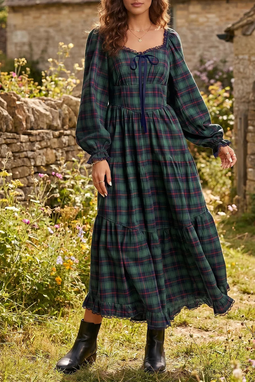 Women's Plaid Long Sleeve Tiered Midi Dress — Chic and Unique AU