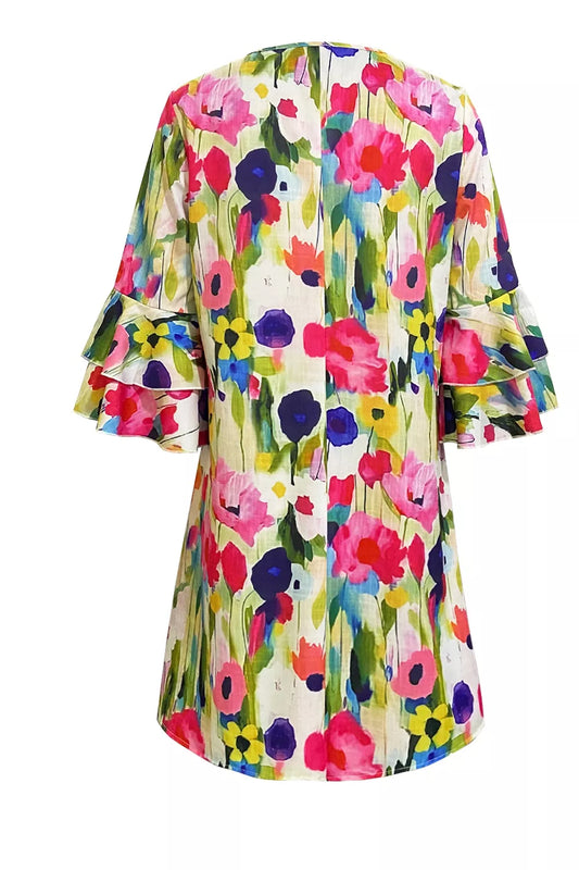 Women's V-Neck Ruffle Sleeve Floral Print Mini Dress — Chic and Unique AU