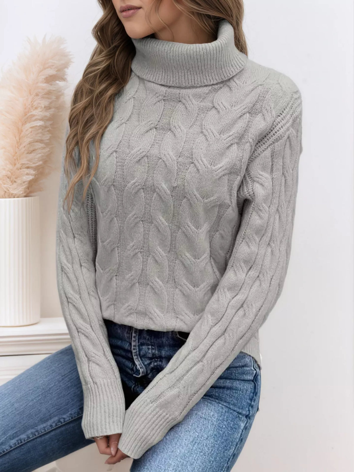 Women's Cable Knit Turtleneck Long Sleeve Sweater — women's knit sweater Australia