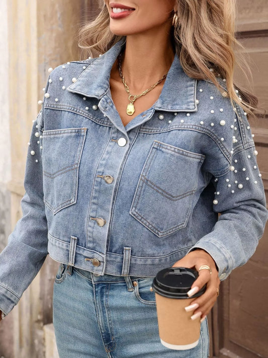 Pearl Embellished Cropped Denim Jacket — women's jacket Australia