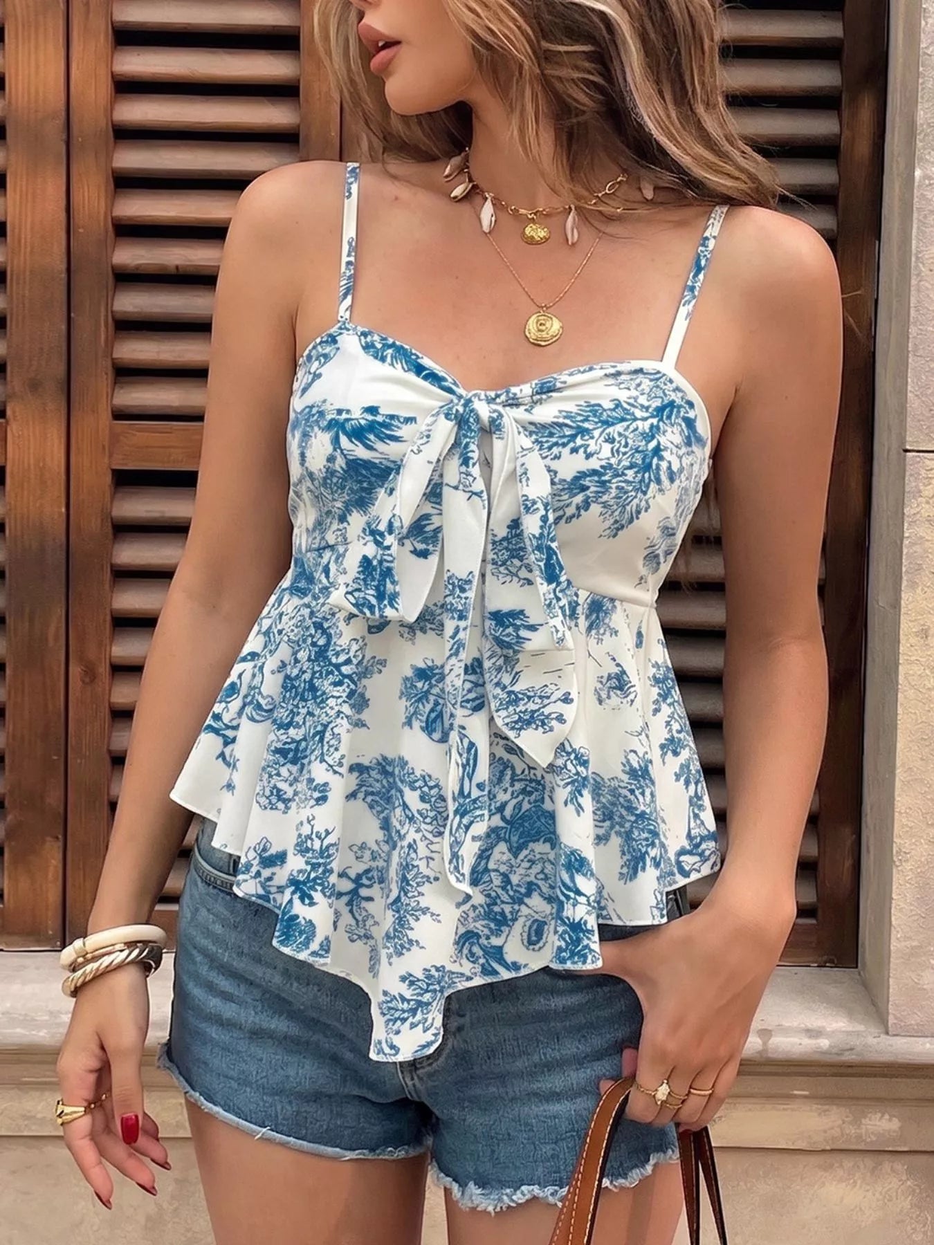 Floral Print Tie Front Ruffle Hem Cami — women's cami Australia