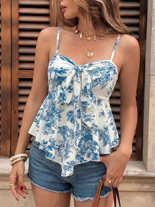 Floral Print Tie Front Ruffle Hem Cami — women's cami Australia