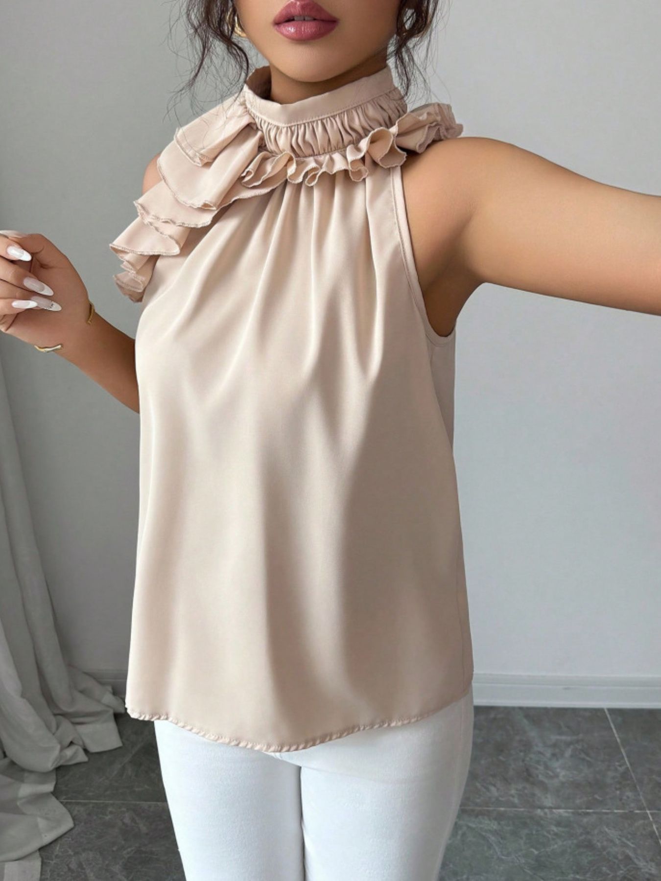 Ruffle High Neck Sleeveless Top — women's top Australia