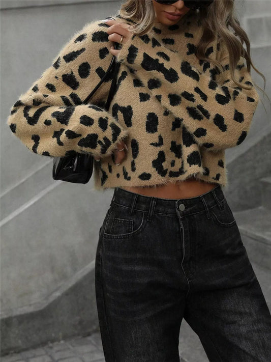 Women's Leopard Fuzzy Knit Cropped Sweater — women's knitwear Australia