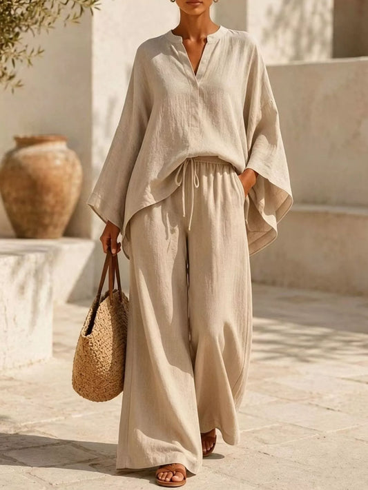 Full Size Notched Long Sleeve Top and Wide-Leg Pants Set Plus Size — women's co-ord set Australia