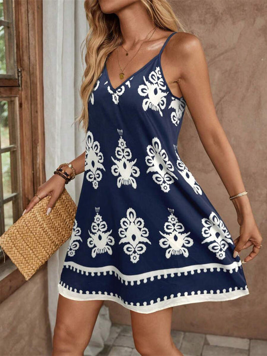 Printed V-Neck Sleeveless Mini Dress — women's casual dress Australia