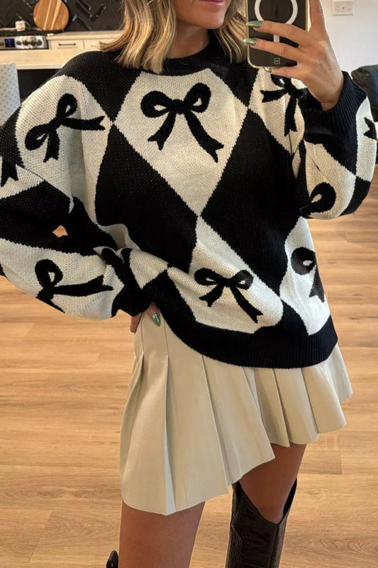 Women's Bow Pattern Long Sleeve Contrast Sweater — women's knit sweater Australia