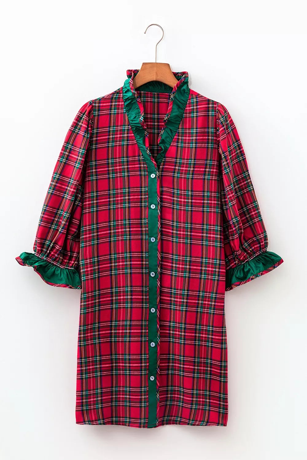 Women's Plaid Ruffle Cuff Button Front Pocket Mini Dress — Chic and Unique AU
