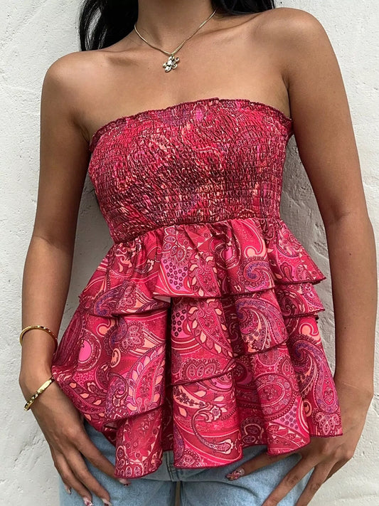 Smocked Layered Paisley Print Tube Top — women's top Australia