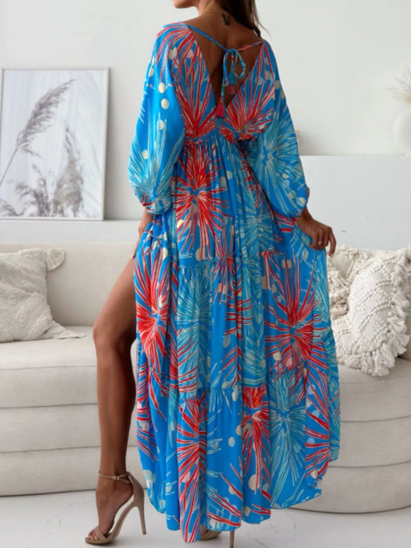 Women's Printed V-Neck Balloon Sleeve Slit Maxi Dress — Chic and Unique AU