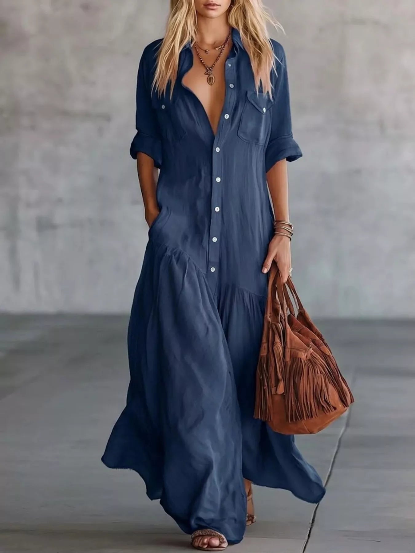 Women's Full Size Button Front Roll-Up Sleeve Maxi Dress Plus Size — Chic and Unique AU