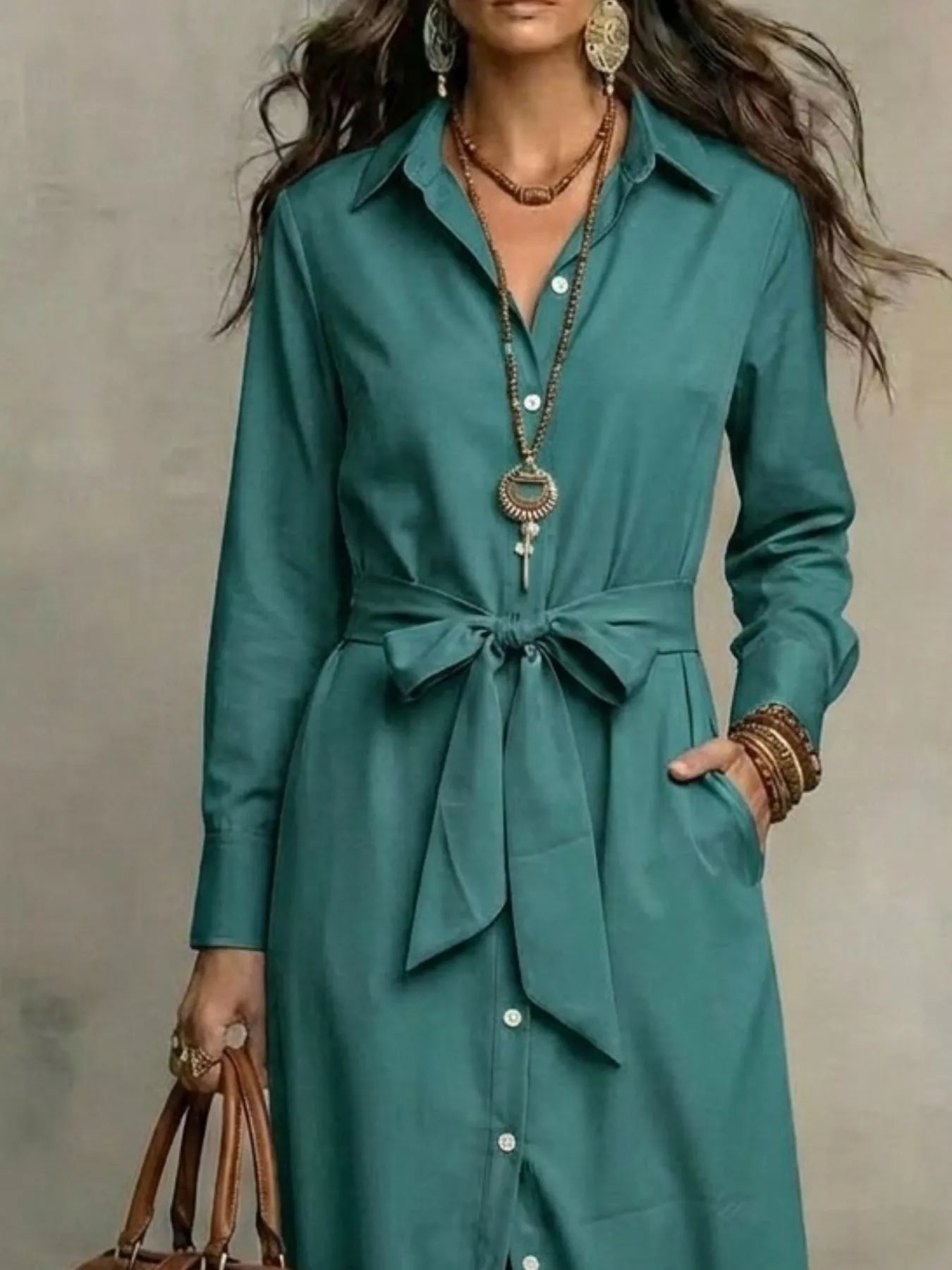 Women's Full Size Tie Waist Long Sleeve Shirt Dress Plus Size — Chic and Unique AU