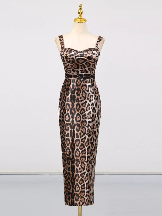 Leopard Print Bodycon Back Slit Midi Dress — women's formal dress Australia