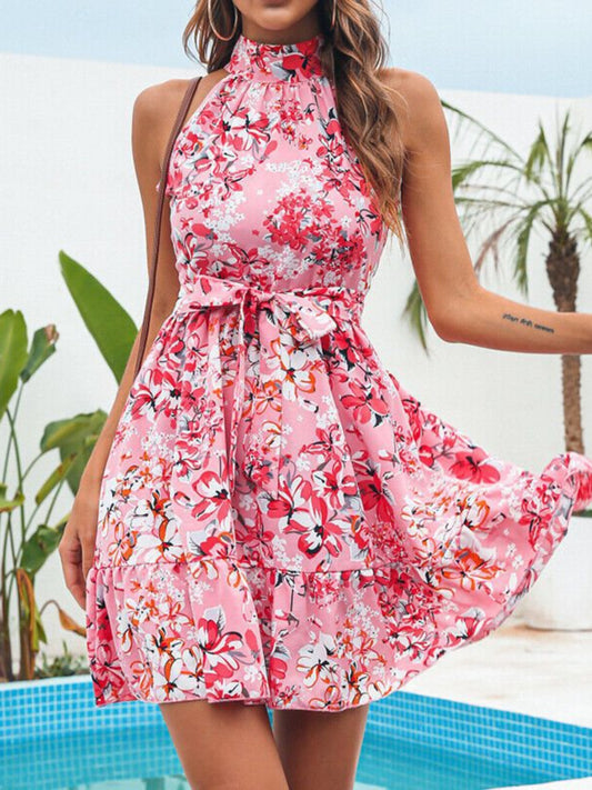 Floral Print Halter Neck Mini Dress — women's casual dress Australia