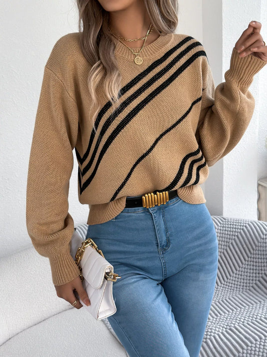 Women's Striped Pattern Casual Round Neck Sweater — women's knit sweater Australia