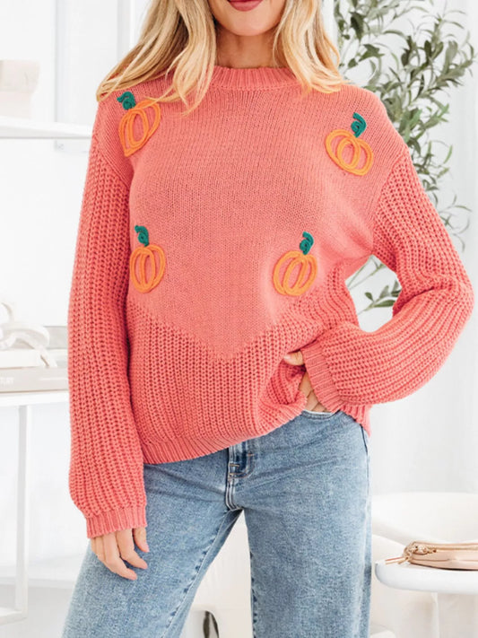 Women's Pumpkin Embroidered Thanksgiving Holiday Sweater — women's knit sweater Australia