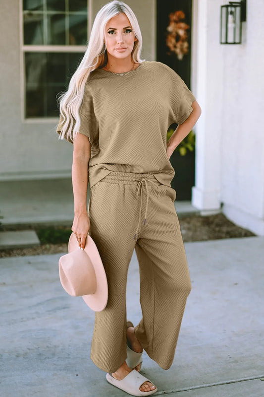 Double Take Full Size Texture Short Sleeve Top and Pants Set — women's co-ord set Australia