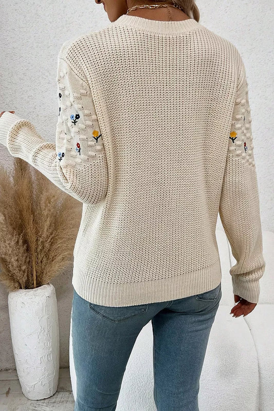 Women's Floral Round Neck Dropped Shoulder Sweater — women's knit sweater Australia