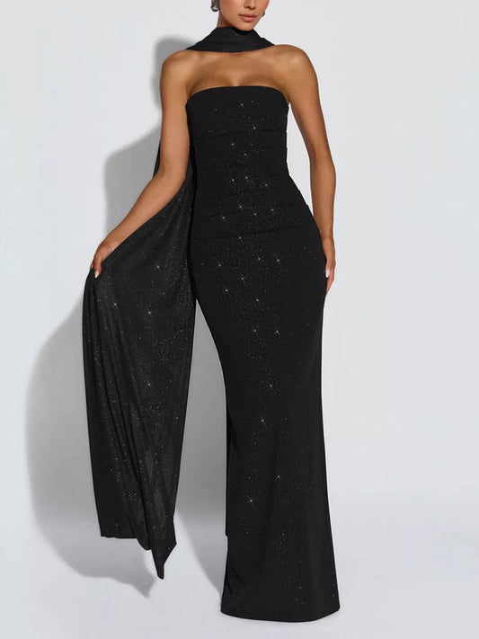 Slit Glitter Tube Maxi Dress with Scarf — evening dress Australia