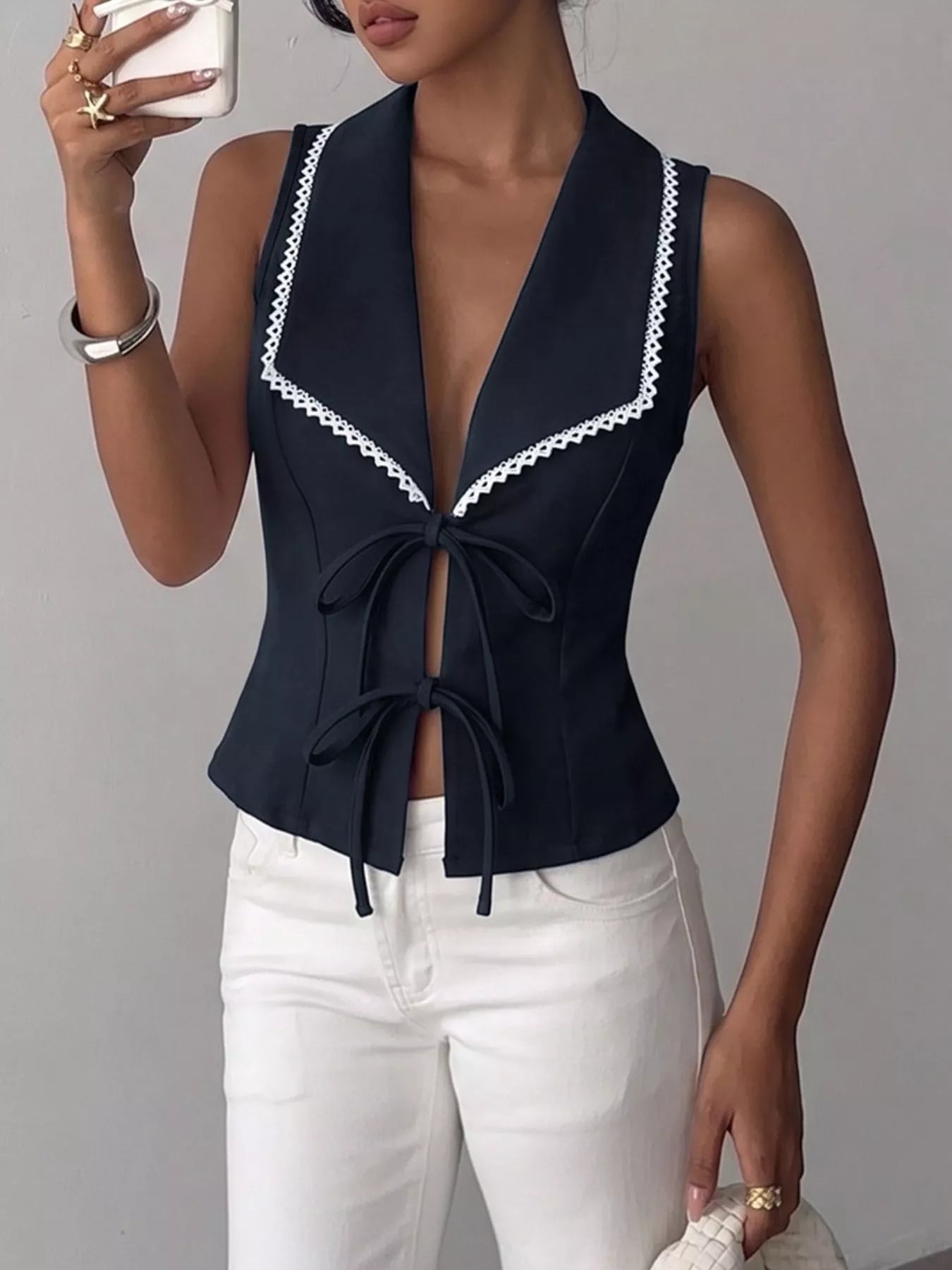 Lace Trim Tie-Front Vest — women's top Australia