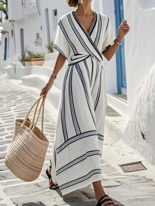 Women's Full Size Striped Short Sleeve Wrap Maxi Dress Plus Size — Chic and Unique AU
