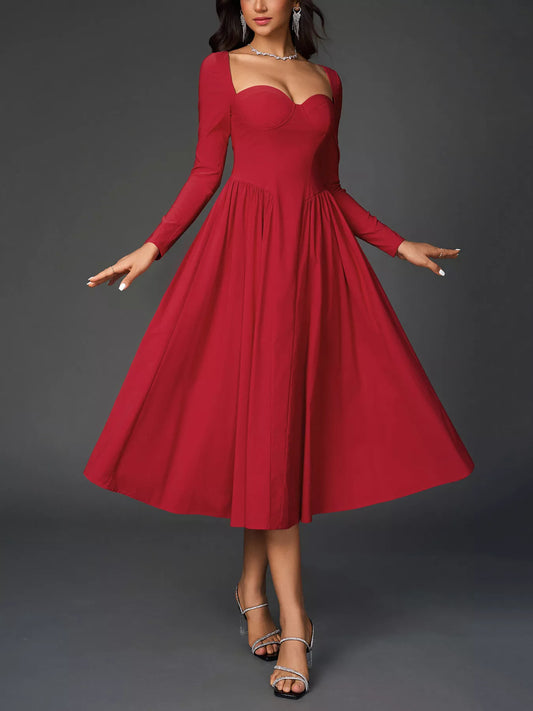 Sweetheart Neckline Long Sleeve A-Line Midi Dress — women's formal dress Australia