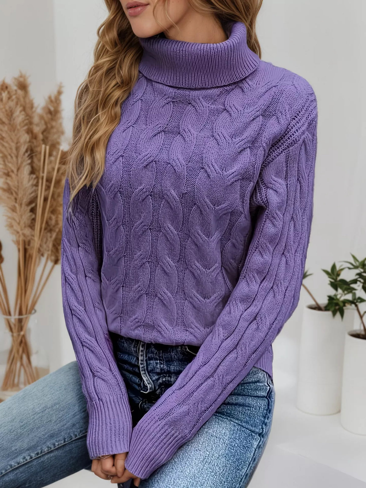 Women's Cable Knit Turtleneck Long Sleeve Sweater — women's knit sweater Australia