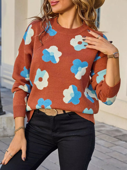 Women's Floral Crew Neck Long Sleeve Sweater — women's knit sweater Australia