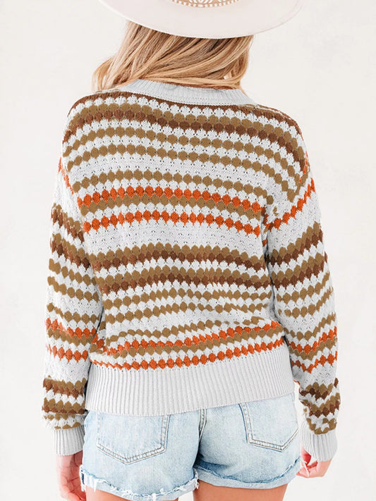 Women's Stripe Eyelet Patterned Drop Shoulder Sweater — women's knit sweater Australia
