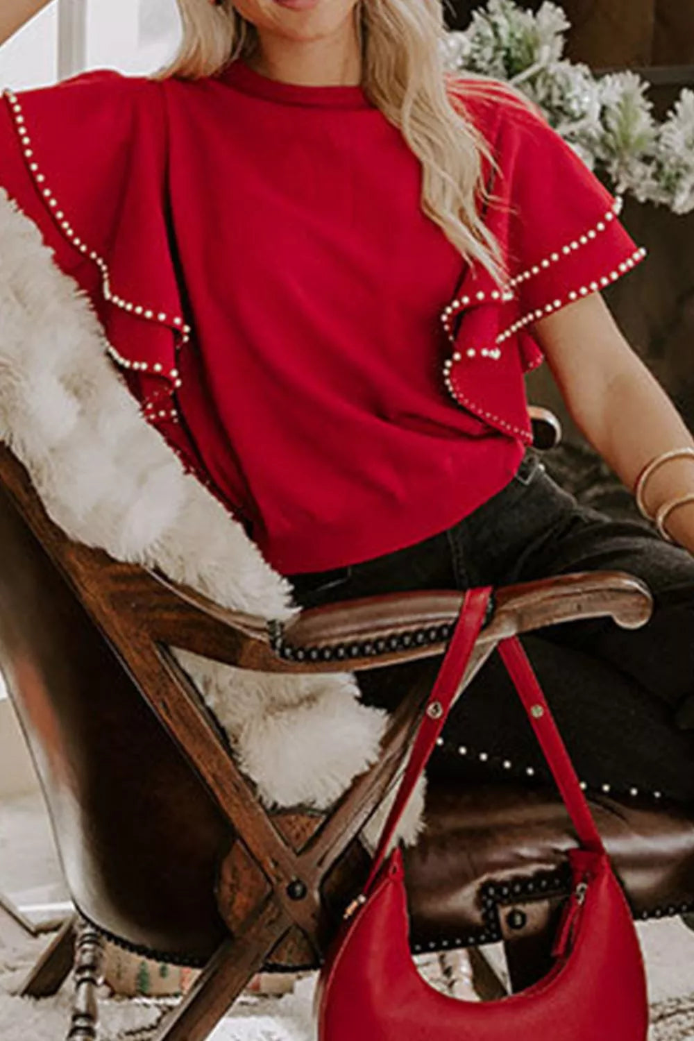Women's Ruffle Sleeve Pearl Embellished Knit Top — women's knit top Australia