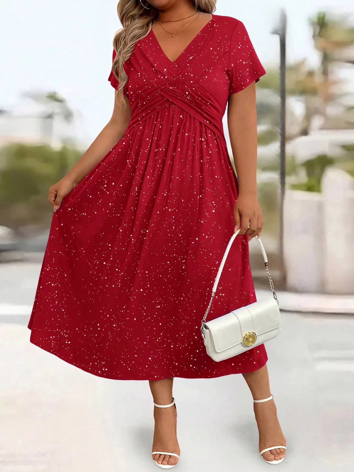 Women's Full Size Glitter Flutter Sleeve Midi Dress Plus Size — Chic and Unique AU