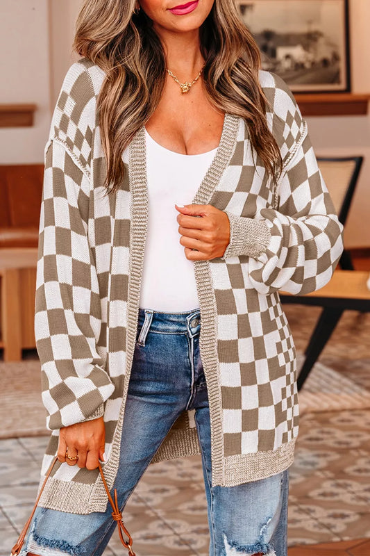 Women's Checkerboard Print Open Front Knit Cardigan — women's knitwear Australia