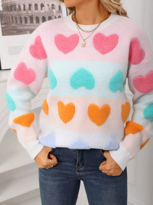 Women's Valentine's Day Heart Pattern Fuzzy Knit Sweater — women's knitwear Australia