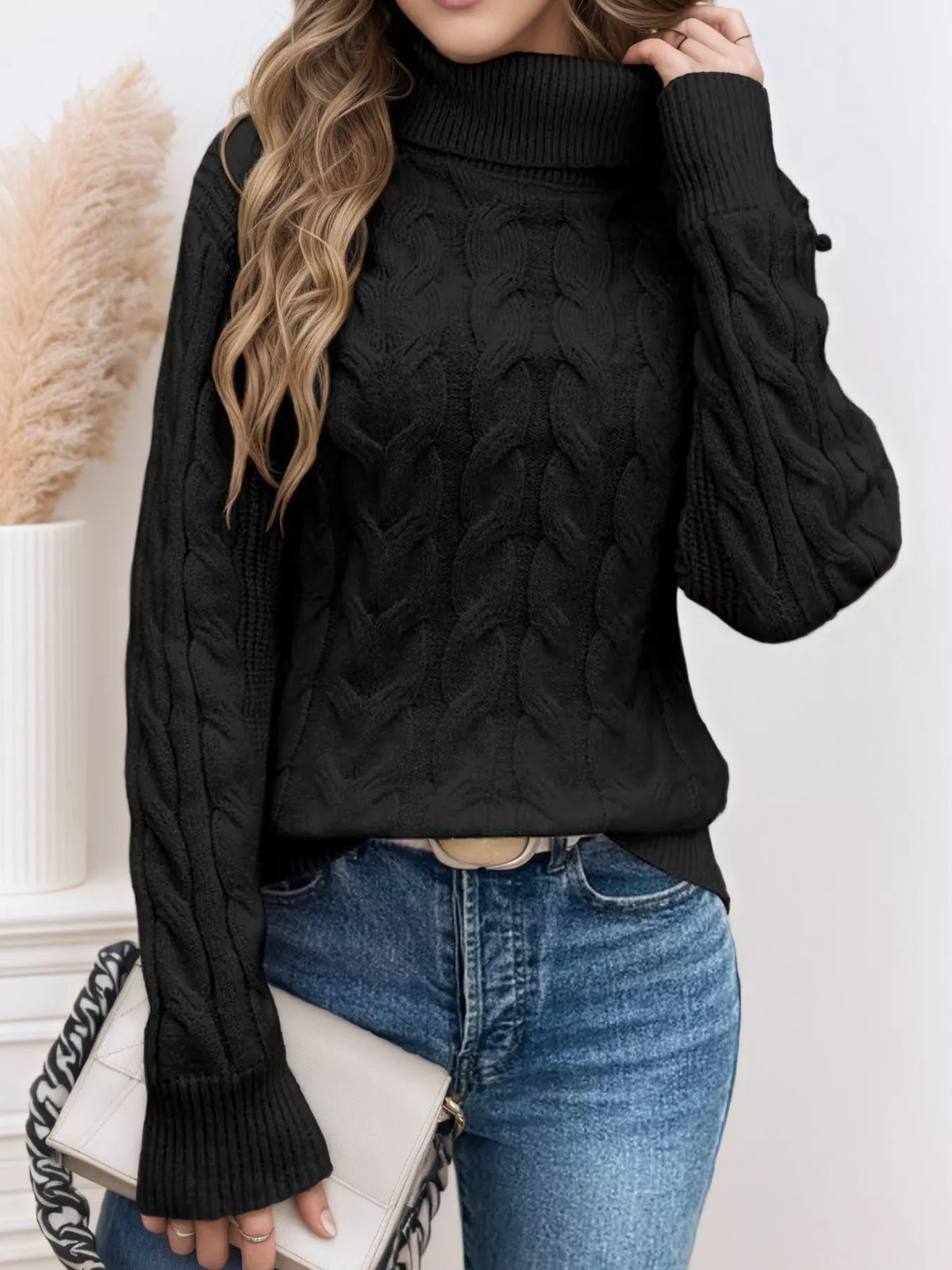 Women's Cable Knit Turtleneck Long Sleeve Sweater — women's knit sweater Australia