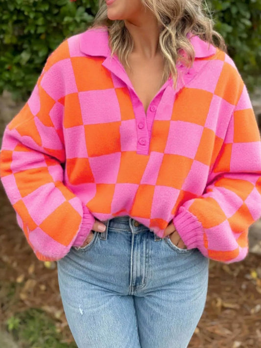 Women's Checkerboard Pattern Half Button Sweater — women's knit sweater Australia