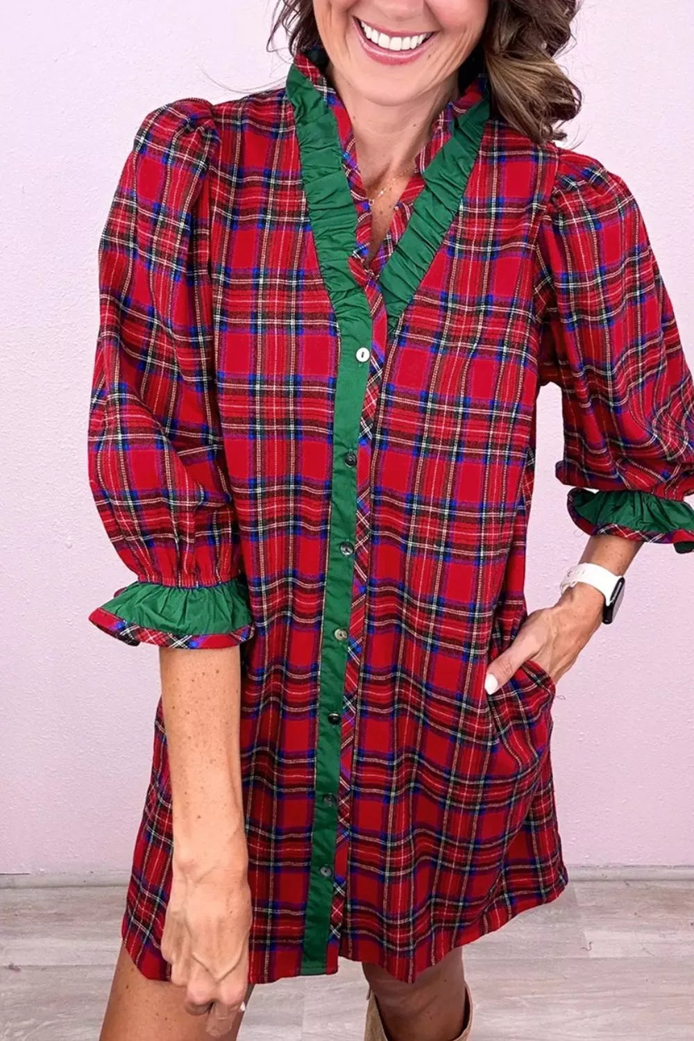 Women's Plaid Ruffle Cuff Button Front Pocket Mini Dress — Chic and Unique AU