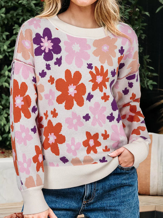 Women's Floral Pattern Drop Shoulder Sweater — women's knit sweater Australia
