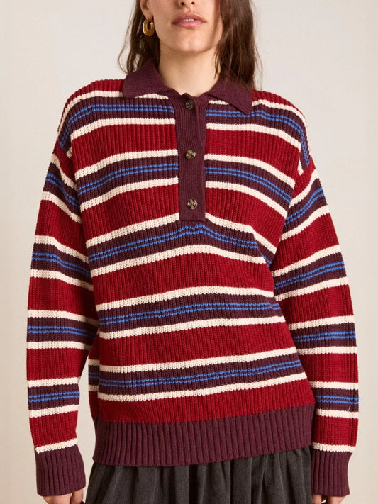 Women's Striped Button Detail Polo Collar Sweater — women's knitwear Australia