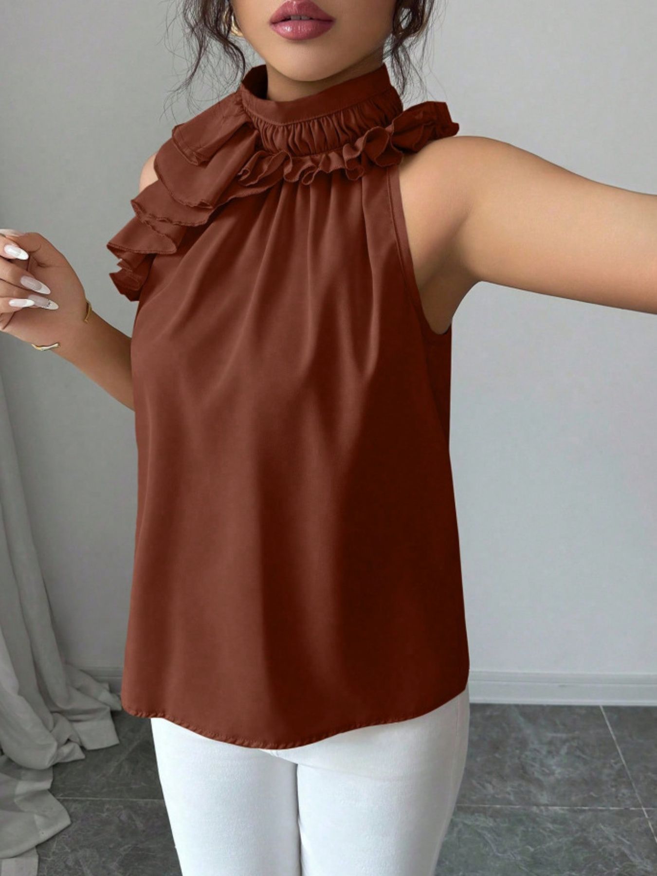 Ruffle High Neck Sleeveless Top — women's top Australia