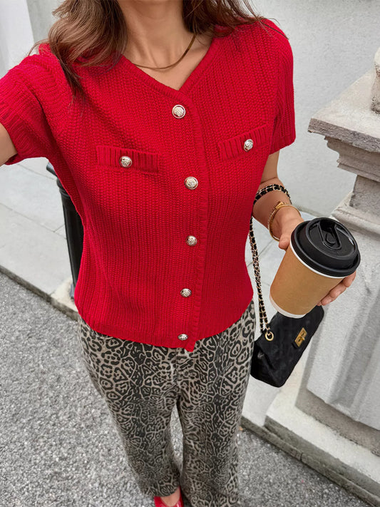 Women's Button Down Short Sleeve Cardigan — women's knit cardigan Australia
