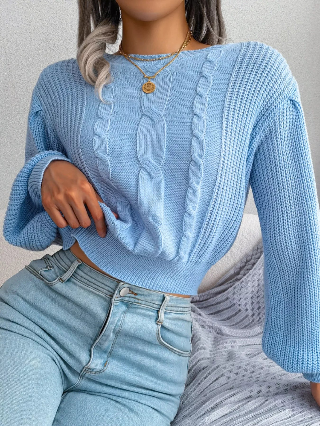 Women's Cable Knit Round Neck Cropped Sweater — women's cropped sweater Australia