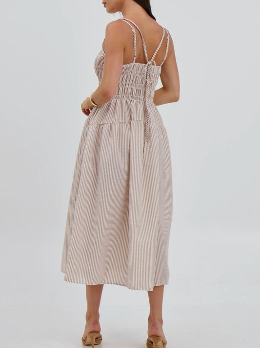 Striped Smocked Bodice Midi Dress — women's casual dress Australia