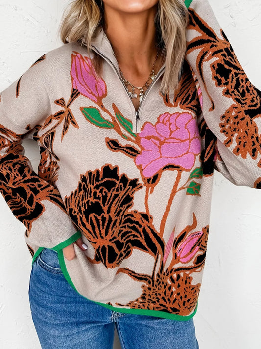 Women's Floral Pattern Knit Quarter Zip Stand Neck Sweater — women's knit sweater Australia