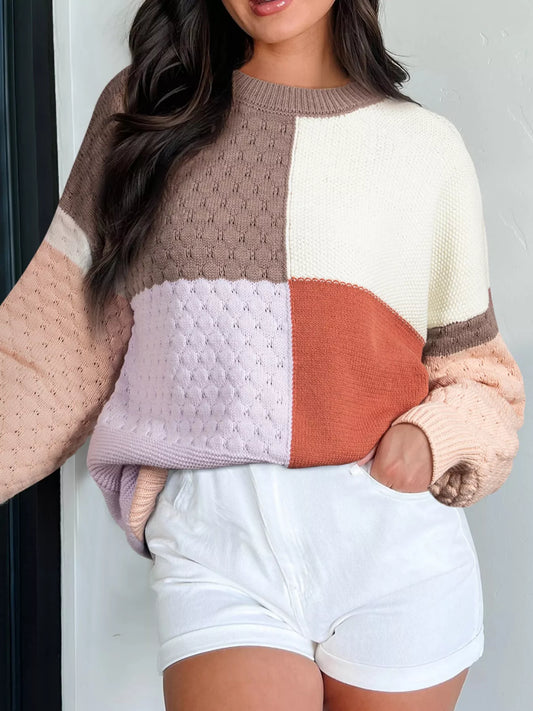 Women's Color Block Textured Knit Sweater — women's knit sweater Australia