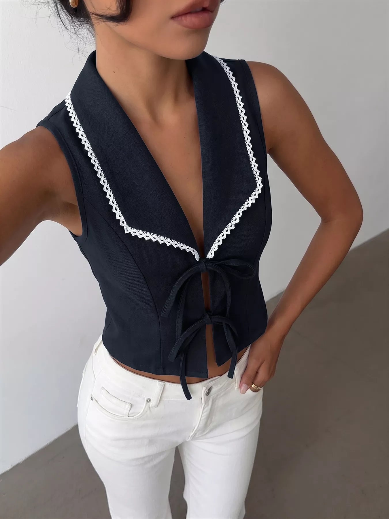 Lace Trim Tie-Front Vest — women's top Australia