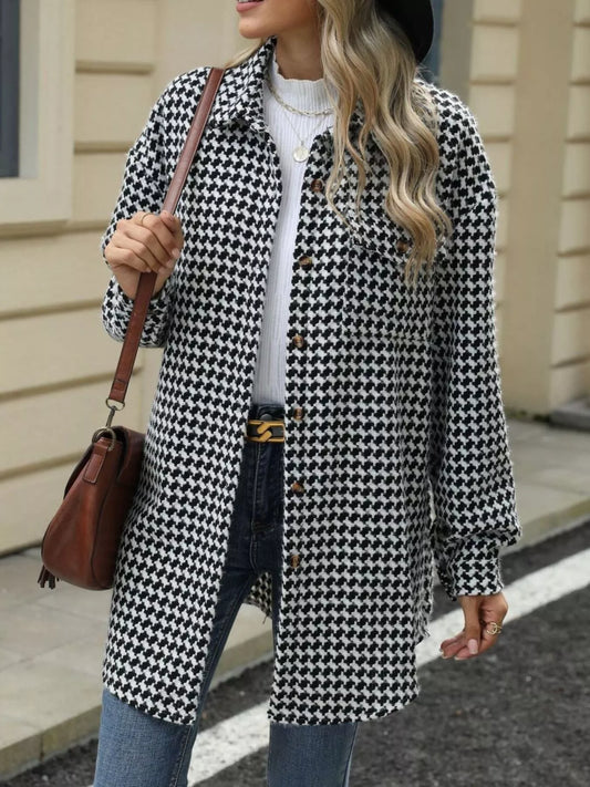 Houndstooth Button Up Long Sleeve Coat — women's coat Australia