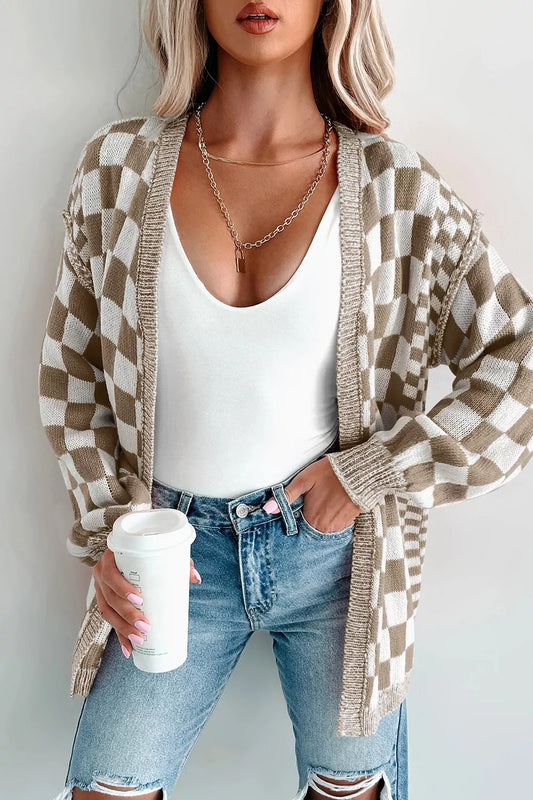 Women's Checkerboard Print Open Front Knit Cardigan — women's knitwear Australia